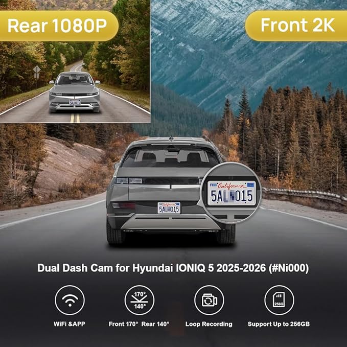 Fitcamx Front 2K+Rear 1080P Dash Cam Adapts for Hyundai Ioniq 5 2025-2026 (7 Vents/HD2-Ni000) & 2025 Ioniq 5 N, OEM Style, Dual HD Video, WiFi & APP, Loop Recording, G-Sensor, Easy to Use, 64GBCard