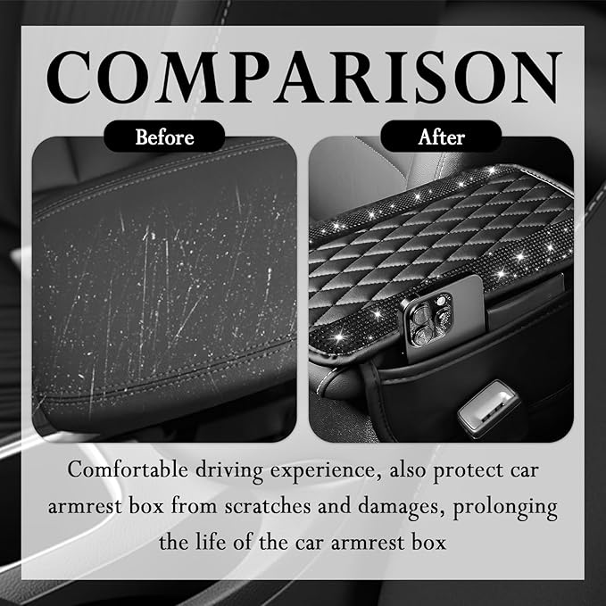 Car Center Console Cover with Diamond Grid Design,Bling Armrest Cover Cushion with 2 Storage Bags,Soft Leather Arm Rest Cover for Car Interior Accessories (Black + Black)