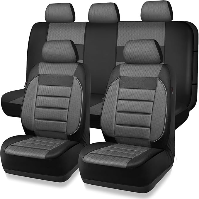 CAR PASS Leather Seat Covers Full Set Universal Water Resistant 3D Foam Back Support, Luxury Comfort Automotive 5 Seat Covers All Season Fit for SUV,Sedan,Van, Airbag Compatible Elegance(Gray Black)