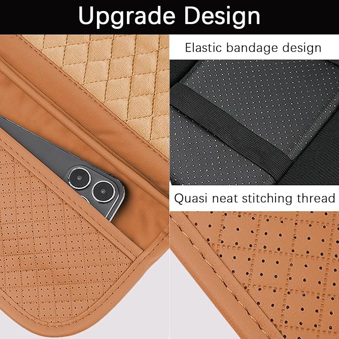 Car Center Console Cover, Leather Vehicle Armrest Cushion Pad with 2 Storage Bags, Auto Interior Middle Console Storage Box Protector Accessories, Universal for SUV, Sedan, Truck (Brown)