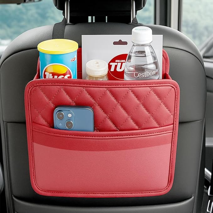 Mandark Car Seat Back Organizer, PU Leather Automotive Backseat Hanging Storage Pocket, Multipurpose Vehicle Travel Essentials Accessories for Kids & Adults, Universal for Most Cars (Red)