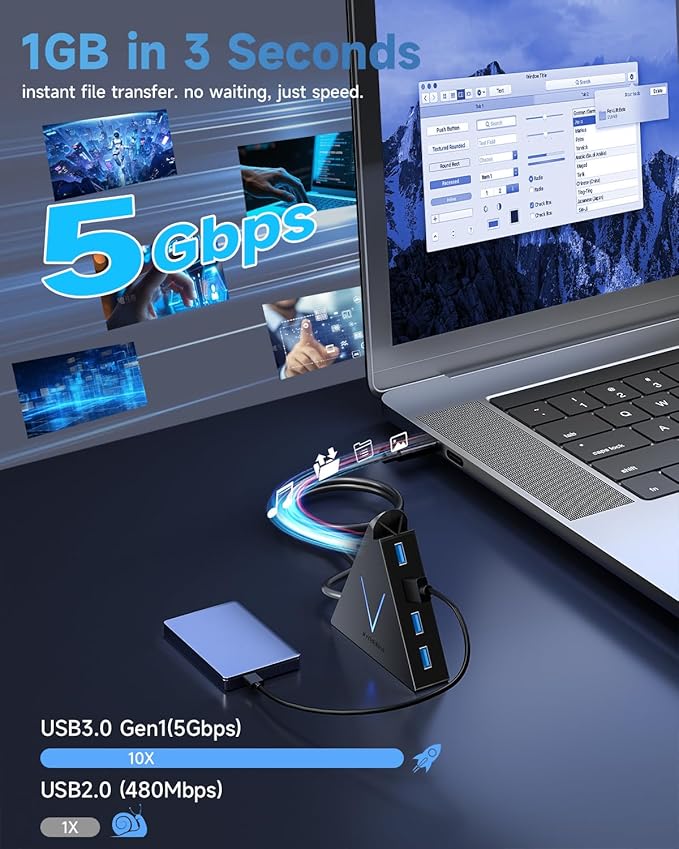 USB C Hub 4 Ports JoyReken,USBC to USB Hub with 2FT Extended Cable,Type C to USB Adapter for MacBook Pro/Mini,iMac,Surface,Gaming Laptops,PS5,Flash Drive,Thumb Drives,Mouse,Keyboard(Black)