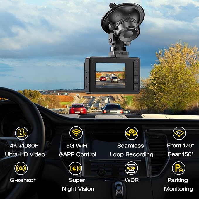 4K Dash Cam Front Rear, Dual Channel Dash Cams with 64GB Card 4K+1080P, Dash Camera for Cars with 5G WiFi, APP Control,2.0" IPS Screen,Night Vision,G-Sensor,170°Wide Angle,Parking Mode,Loop Recording