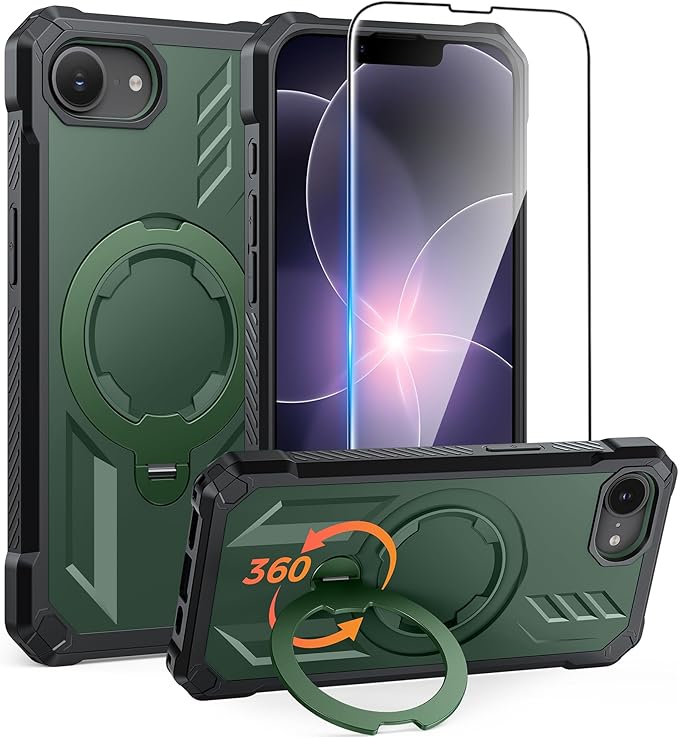 FNTCASE for iPhone 17e Phone Case: for iPhone 16e Case with [360 Spin Magnetic Ring Kickstand] [Compatible for MagSafe] [Screen Protector] Heavy Duty Military Grade Protection Case with Stand Green