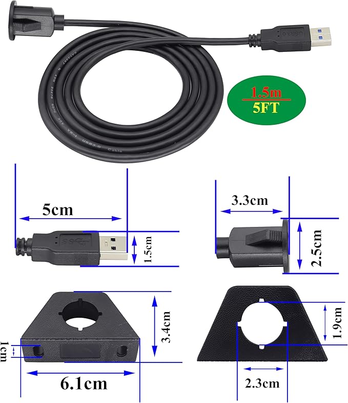 zdyCGTime USB C to USB 3.0 A Threaded Flush Mount Waterproof Cable Adapter USB 3.0 Male to USB C Female Panel Mount Extension Cable, for Car Boat Truck Yacht Motorcycle, (1.5M/5Ft)