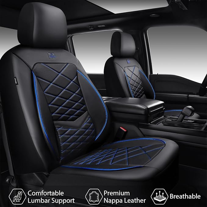 CAR PASS Luxury Nappa Leather Seat Covers Full Set, Water Resistant Faux Leather Seat Cover with Lumbar Support, Breathable Automotive Seat Covers Universal Fit for Sedan SUV Van Truck, Black Blue