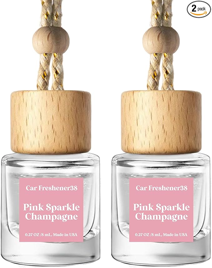 C Classy Hanging Car Air Freshener 2 Pack, Pink Sparkle Champagne Essential Oil Diffuser, Long-Lasting Fragrance, Cute Glass Bottle Car Accessories for Women & Men, Made in USA