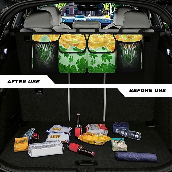 St. Patrick Day Car Trunk Organizer Green Leaves＆Horseshoes Hanging Cargo Storage Bag Cargo Bag,Easy to Install,Add to the Festive Atmosphere