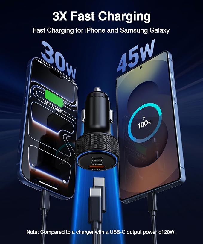 2026 Updated USB C Car Charger, 93W 3-Port Super Fast Type C Car Power Adapter PD/QC Charging Cigarette Lighter for iPhone 17/16/15/14/13/12/11 Pro Max, iPad,MacBook,Pixel, Android