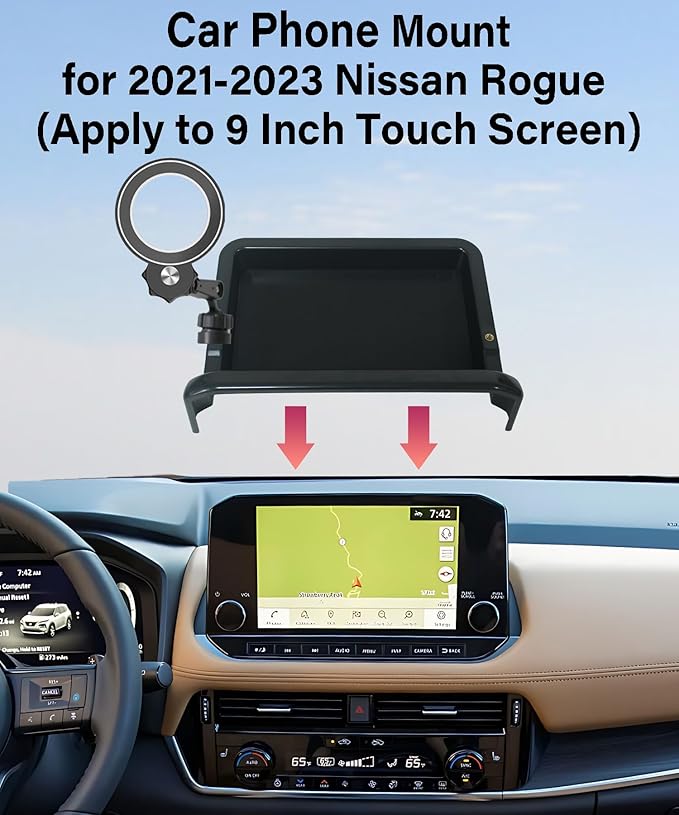 Car Phone Holder for Nissan Rogue 2021 2022 2023 Accessories Apply to 9 Inch Screen Fixed Clip Magnetic Cell Phone Mount Hands-Free 360 Degree Rotation with Dashboard Storage Tray