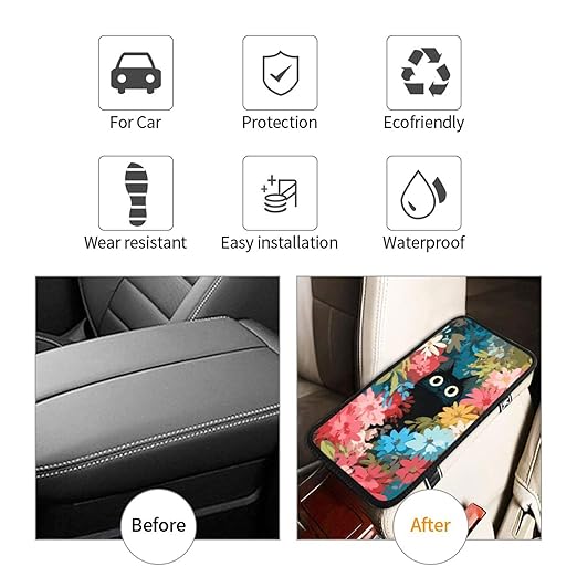 Black Cat Big Eyes Colorful Flowers Car Auto Armrest Cushion Cover Accessories Center Console Seat Box Pad Protector Universal Decoration for Most Vehicle SUV Truck