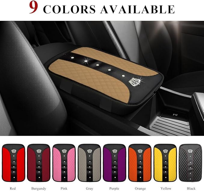 Bling Leather Car Center Console Cover, Anti-Slip Crown Armrest Seat Box Cushion Pad with Rhinestones, Waterproof Crystal Arm Rest Protector Interior Decor for Most Vehicles (Beige)