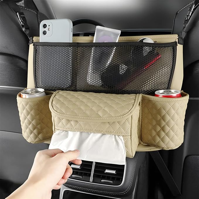 zipelo Car Handbag Holder Between Seats, PU Leather Multi-Pocket Large Capacity Purse Holder, Auto Net Bag Barrier of Backseat Pet Kids, Car Seat Organizers and Storage for Cargo Tissue Cup (Beige)