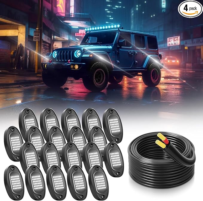 GSRECY Rock Lights Ultra Bright LED Neon Underglow Lights Waterproof for Trucks Pickup SUV UTV ATV RZR Car Boats Motorcycle (White, 20 Pods+ 33ft Wire Harness)