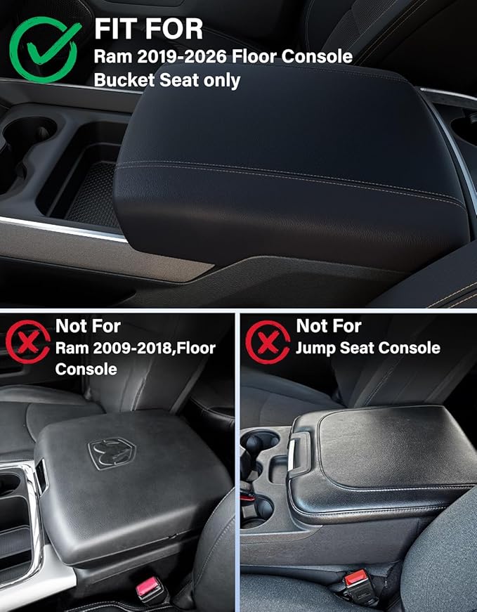 Center Console Armrest Cover for Dodge Ram 2019-2026 1500 2500 3500 Accessories, Vinyl Leather Middle Armrest Cushion Pad Anti-Scratch, Black (Fits Bucket Seat Only)