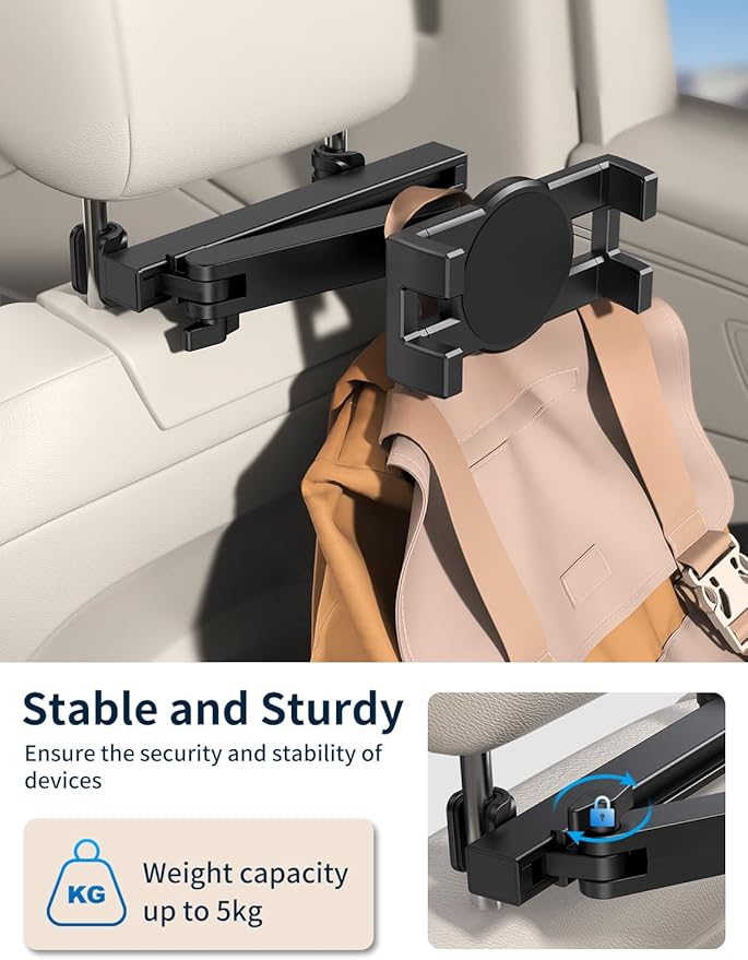 bokilino Tablet Holder for Car Headrest, [3 in 1 Adjustable Extension Arm] iPad Car Mount for Back Seat, Road Trip Essentials for Kids, for 4.7-12.9" Like iPad Pro, Air, Mini, Galaxy, Fire HD Tablet
