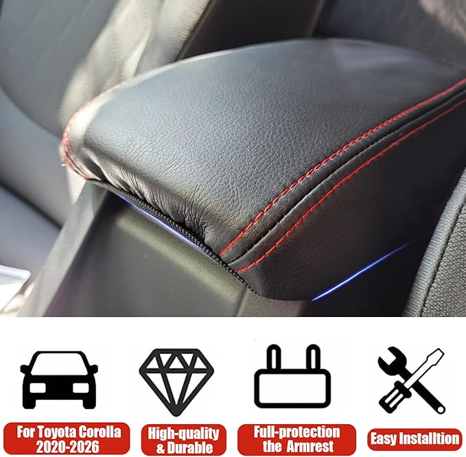 Center Console Cover for Toyota Corolla 2020-2026 - Premium Armrest Cover Easy Installation & No Tools Required for Toyota Corolla 2020 2021 2022 2023 2024 2025 2026 (Red Stitch)