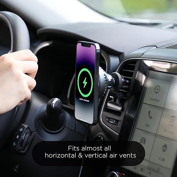 mooas Magnetic Car Mount Charger, Max.15W Fast wireless charger, Mag Safe car charger, Wireless car charger with air vent Mount, Cooling fan, Strong magnet, Compatible with iPhone, Galaxy, LG