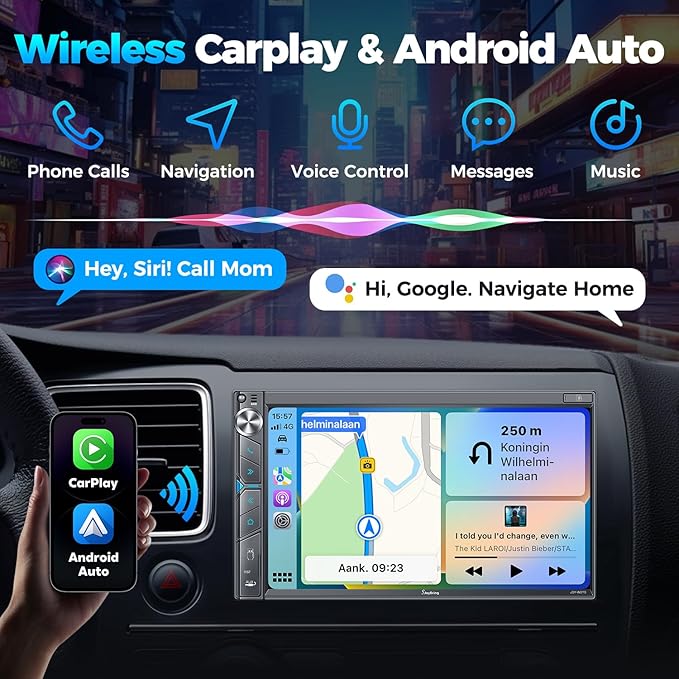 SJoyBring Upgrade Wireless Double Din Car Stereo with Apple Carplay, Android Auto, Dash Cam, Bluetooth, 4-Channel RCA, 2 Subwoofer Ports, 7" HD Capacitive Touchscreen Car Radio, 60W*4, Backup Camera