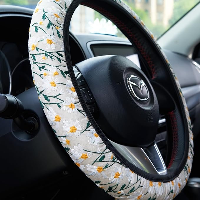 Embroidered Flowers White Cute Daisy Steering Wheel Cover Auto Anti-Slip Breathable Steering Wheel Protector,Floral Car Accessories for Women,Universal Size Fit Most Cars -15 inch