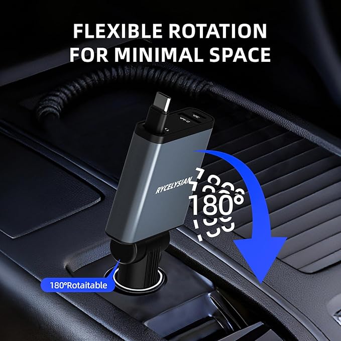 Retractable Car Charger Ultra-Slim, 65W Fast Car Charger with 31.5 inches and USB C+USB A Car Charging Block Cube Suitable for iPhone Samsung and Android