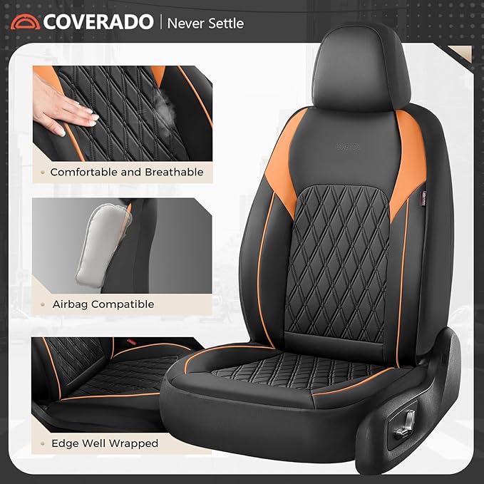 Coverado Seat Covers for Cars, Seat Covers Full Set, Waterproof Seat Covers, Car Seat Covers Front Seats and Back, Car Seat Cushion, Car Seat Protector Universal Fit Most Cars Trucks SUV, Black&Orange
