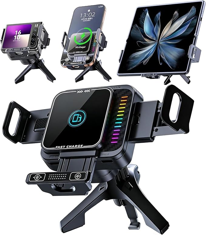 Wireless Car Charger, 15W Wireless Charging & 66W Type-C Fast Charging, Car Phone Holder Mount for iPhone 17/16/15/14/13, iPads, Samsung Galaxy Z Fold/Flip, S25/S24/S23, Google Phone