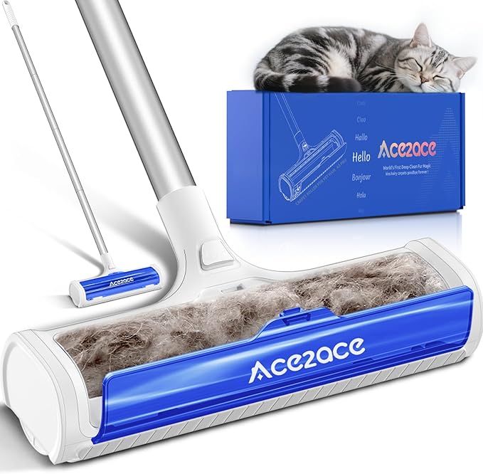 ACE2ACE A3 Pro Carpet Roller for Pet Hair, Carpet Pet Hair Removal Tool, Reusable Large Lint Rollers, 5 Feet Long Handle No Bending No Kneeling, Cat Dog Hair Remover for Carpet, Rugs, Mats, Blue