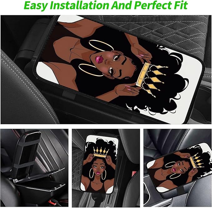 Car Armrest Cover Pads Universal Fashion Cute Auto Center Console Armrest Cover Pad with 2PCS Car Coasters Soft Waterproof Car Armrest Seat Protector for Women, African Black Girl