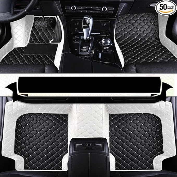 Custom Floor Mats for Cars，Luxury Full Coverage All Weather Car Floor Mats，Leather Car Mat Set ， Floor Mats for 99% of Cars, Trucks & SUVs (Border White, Middle Black Rice)