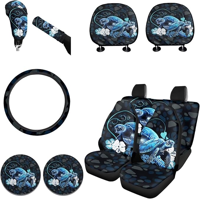 FKELYI Green Palm Leaf Print Car Seat Covers Full Set with Gear Shift Cover and Handbrake Cover,Stretch Steering Wheel Cover,Cup Coasters,Headrest Covers