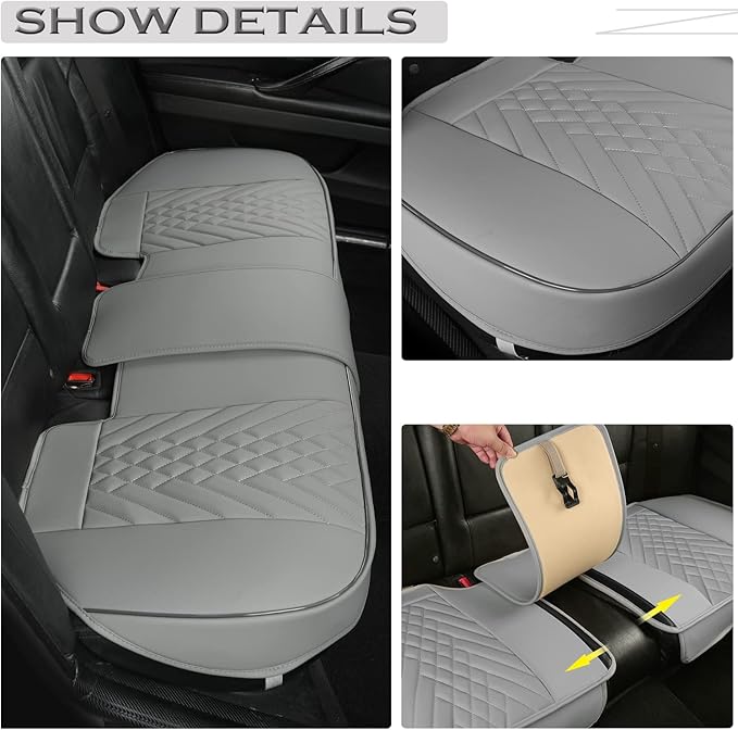 GIANT PANDA Premium PU Leather Rear Car Seat Cover Protector, Luxury Adjustable Anti-Slip Bottom Bench Seat Cover (49~59''),Fits 90% of Vehicles, Back Seat Cover, Grey