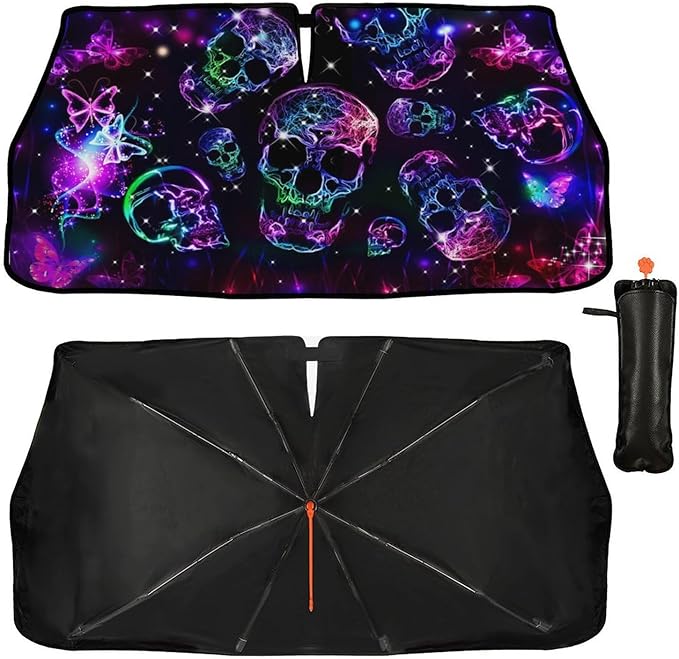 Neon Skull Butterflies Car Windshield Sunshade Umbrella Retractable Sun Shade for Car Upgraded Umbrella Front Window Sun Shade Cover UV Blocks Heat Insulation Sunshades