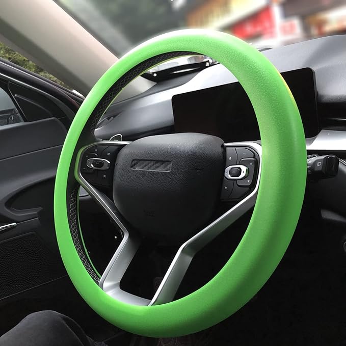Green Car Steering Wheel Cover: Universal RPKEY 13.5 to 15 inches Silicone Steering Cover Compatible with Most Car Models Fit for Round D Shape