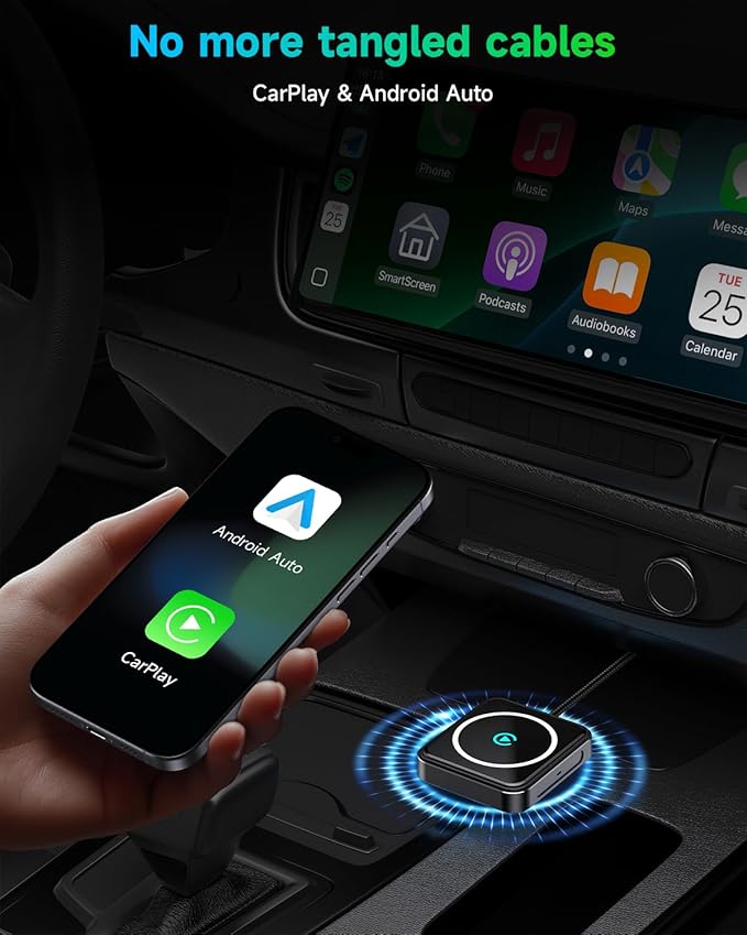 Wireless CarPlay Adapter for iPhone & Android, 2-in-1 Apple CarPlay Wireless Adapter, Plug & Play, Low Latency, USB-A/C, Converts Wired to Wireless CarPlay (iOS 10+, Android 11+)