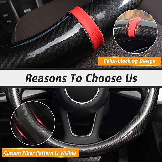ZHOL 16 inch Steering Wheel Cover Carbon Fiber, Compatible Large-Size for F150 F250 F350 Ram 4Runner Tacoma Tundra Range Rover Model Car Accessories for Women Men