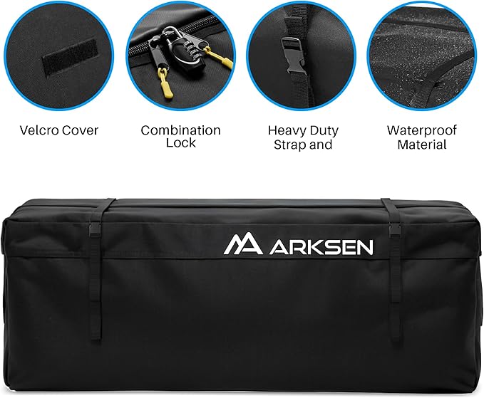 ARKSEN 600D PVC Waterproof Roof Cargo Bag with Lock, Nylon Net, Hitch Stabilizer, 2 Ratchet Straps for SUV, Truck, Van with/Without Rack