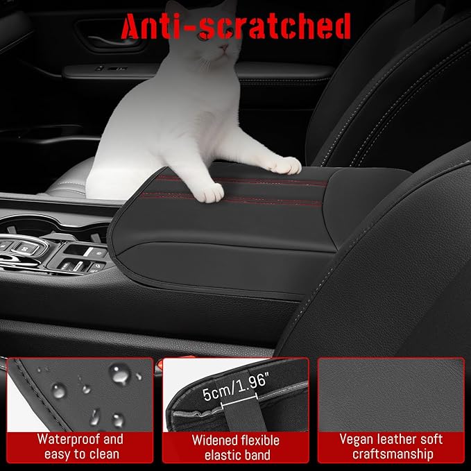 Center Console Armrest Cover Compatible with Honda Pilot 2023 2024 2025 2026, Ridgeline Passport 2024-2026, Armrest Pad Lid Cushion,Center Console Protector Pad (Red Stitching)