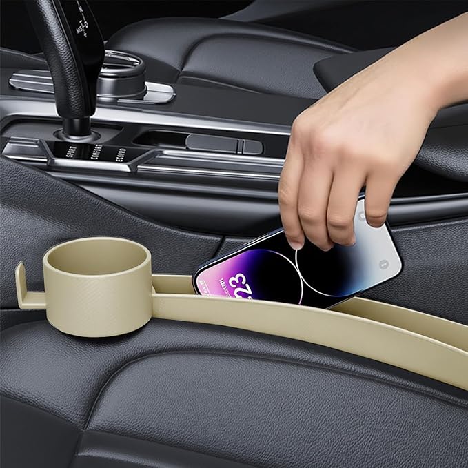2PCS Car Seat Gap Filler, Soft Carbon Fiber Vehicle Between Seat and Console Organizer with Cup Holder, Prevent Falling Automotive Interior Chair Gap Plug, Universal Fit (Beige)