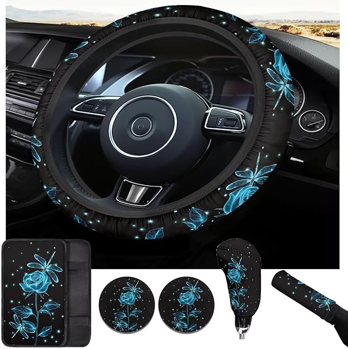 Blue Rose Print 6pcs Car Steering Wheel Cover Set for Men Women Dragonfly Cup Coaster Handbrake Gear Cover Armrest Cover Fits Most Cars Trucks Vans SUV