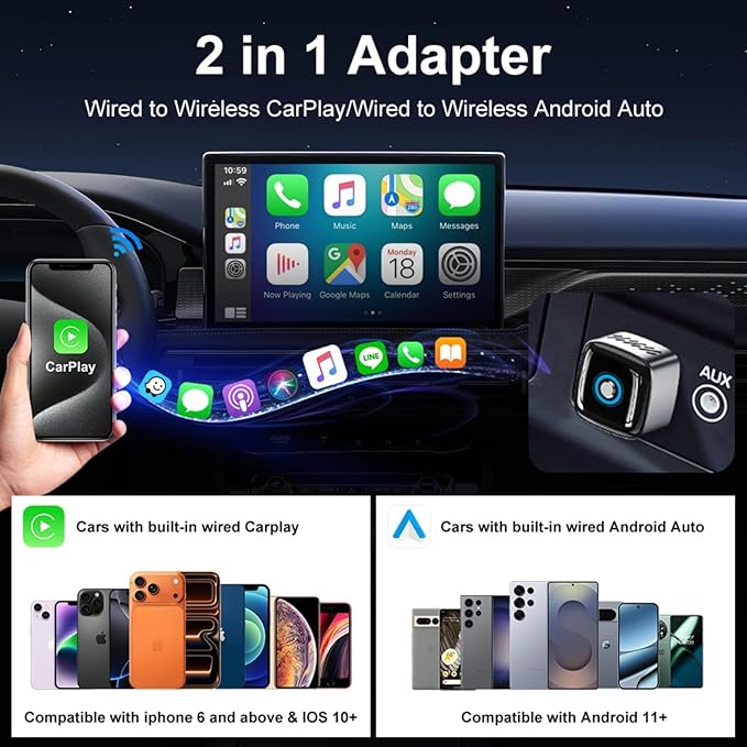 Car Play Wireless Adapter for Apple iPhone iOS 10+ & Cars from 2015+ Android 11+ Android Auto, Plug & Bluetooth Connect 2-in-1 Adapter Convert Wired to Wireless Dongle carplay (Metal Silver)