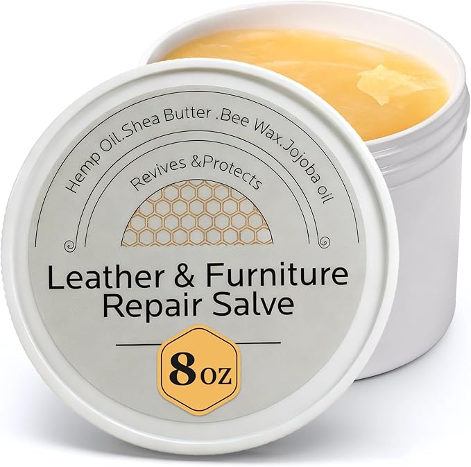 Furniture Salve for Leather Conditioner: Natural Oil Beeswax Formula for Couches Purse Bag Car Seat - Moisturizer and Restorer Leather Wood and Vinyl - Prevent Cracking or Fading & Water Rings (8oz)
