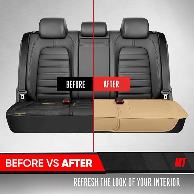 Motor Trend Rear Seat Cushion - Beige Diamond Stitched Faux Leather Rear Seat Cover for Cars, Trucks, SUVs - Padded, Waterproof, Non-Slip Back Seat Cover with Storage Pockets