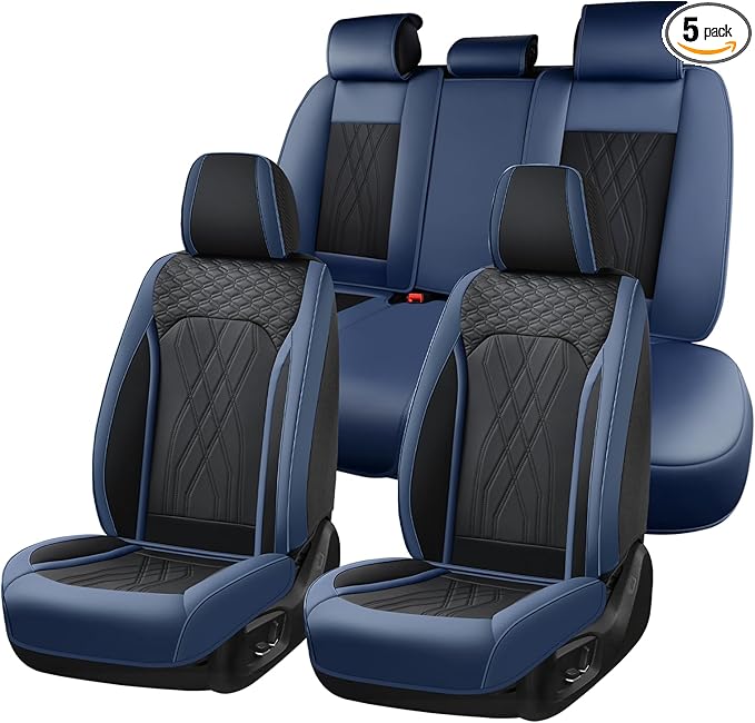 FLORICH Seat Covers Full Set Leather Cars Seat Cover Front and Rear 5 Seats Full Coverage Seat Cushion Protector Waterproof Automotive Interior Cover Universal Fit for Most Cars Trucks SUV, Black&Blue