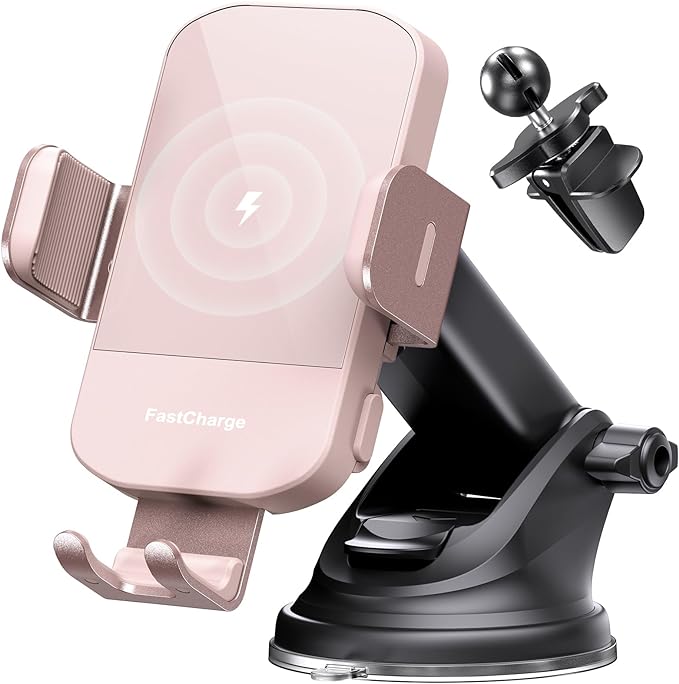 CHGeek Wireless Car Charger, 15W Fast Charging Auto Clamping Car Charger Phone Mount Phone Holder fit for iPhone 15 14 13 12 11 Pro Max Xs, Samsung Galaxy S24 Ultra S23 S22 S21, S20, S10+, Pink