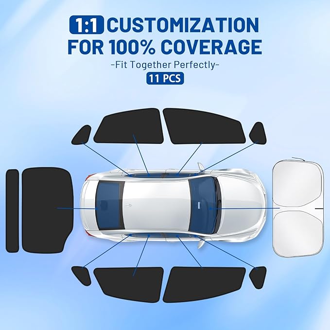 Car Window Shades for Toyota Prius 2010-2015 Accessories (Not Prius C or Prius V) - Full Set 11PCS Side Window Sunshades with Memory Frame & Blackout Fabric, Privacy UV Shield for Camping/Travel
