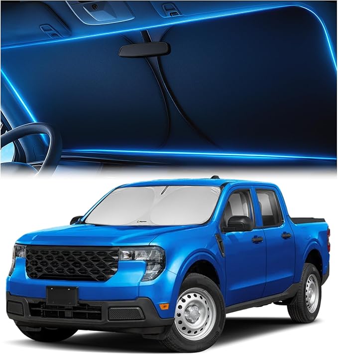 Windshield Sunshade for Ford Maverick 2022 2023 2024 2025 2026 – Upgraded Double-Layer Design, Mirror Cut-Out, Blocks 99% UV Rays, Thick & Durable, Easy-Fold Ford Maverick Windshield Sun Shade