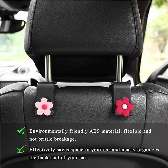 4 PCS Car Seat Headrest Hook, Plastic Headrest Hooks with Adhesive Flower, Auto Back Seat Hanger Storage Hook for Grocery Bag Purse Handbag Umbrella, Car Accessories (Pink+Red)