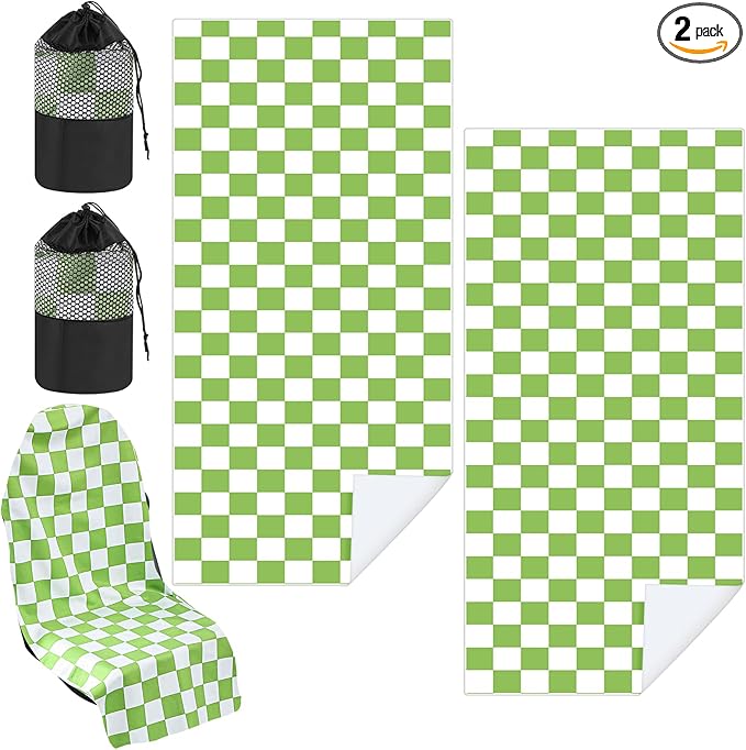 2 Pack Car Seat Towel Covers with Storage Bag 63 x 32 Inch Athletic Running Towel Seat Sweat Washable Non Slip Cover Gift for Car Outdoor Sport Activities (Green and White Plaid)