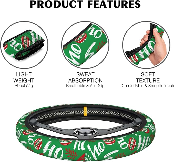 Christmas Ho Ho Ho Steering Wheel Covers Universal 15 Inch Car Wheel Cover,Anti-Slip Breathable Car Accessories Protector Fit for Trucks,Sedans,SUVs,Vans